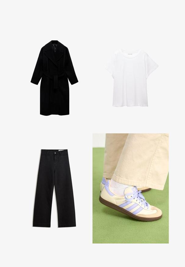Schwarzer Wollmantel mit Reverskragen, tailliertem Schnitt und mittellanger Passform. Verfügt über lange Ärmel und eine glatte Textur.; Weißes T-Shirt aus weichem, leichtem Stoff. Mit runder Halslinie und kurzen, weit geschnittenen Ärmeln für einen lässigen Sitz. Keine sichtbaren Muster.; Schwarze weit geschnittene Jeans mit hoher Taille, ausgestattet mit Vorder- und Hintertaschen, gesteppten Nähten und einem Knopfverschluss. Glatte Textur.; Cremefarbene und lavendelfarbene Sneakers mit drei Streifen und einer strukturierten braunen Sohle, ausgestattet mit Schnürsenkeln und einer gepolsterten Ferse. Obermaterial aus weichem Stoff.