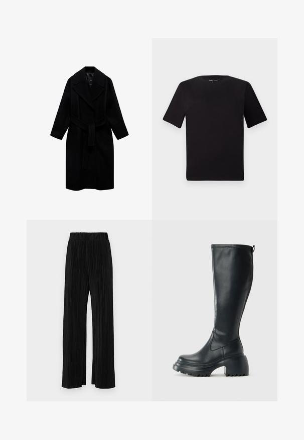 Černý vlněný kabát s klopovým límcem, páskem v pase a střední délkou. Má dlouhé rukávy a hladký povrch.; Černé tričko s krátkým rukávem a kulatým výstřihem, vyrobené z měkké bavlněné látky. Jednoduchý design, žádné viditelné logo nebo vzory.; Černé plisované kalhoty s elastickým pasem. Mají široké nohavice a hladkou, strukturovanou tkaninu s vertikálními pruhy.; Vysoká černá kožená bota s masivní platformou a blokovým podpatkem, s poutkem a texturovaným vzorkem na podrážce.