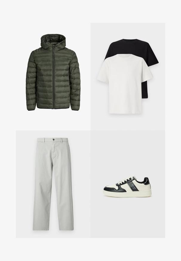 Casaco acolchoado em verde oliva, com capuz, fecho de correr completo e textura acolchoada horizontal. Possui dois bolsos laterais. Bainha e punhos em preto.; Conjunto de t-shirts em algodão, com uma preta e uma branca, ambas com mangas curtas, decote redondo e corte standard. Tecido texturizado.; Calças cinza-claro, de perna reta, feitas de um tecido suave e tecido. Apresentam um fecho frontal com botão e bolsos laterais. Estilo minimalista.; Ténis de couro com um esquema de cores em preto e creme, apresentando detalhes perfurados, um colarinho acolchoado e uma sola texturizada.