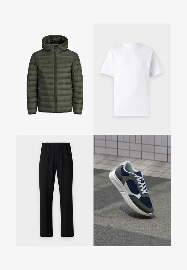 Giubbotto imbottito verde oliva, dotato di cappuccio, chiusura con zip intera e texture trapuntata orizzontale. Due tasche laterali. Orlo e polsini neri.; T-shirt bianco a maniche corte in cotone con scollo rotondo, caratterizzato da una texture morbida e un design semplice senza motivi o accenti.; Pantaloni neri con vita elasticizzata e design a gamba dritta, caratterizzati da una texture liscia e senza motivi o hardware visibili.; Sneaker con tomaia in rete blu navy, inserti in suede grigio, suola in gomma bianca e lacci bianchi piatti, progettata per comfort e traspirabilità.