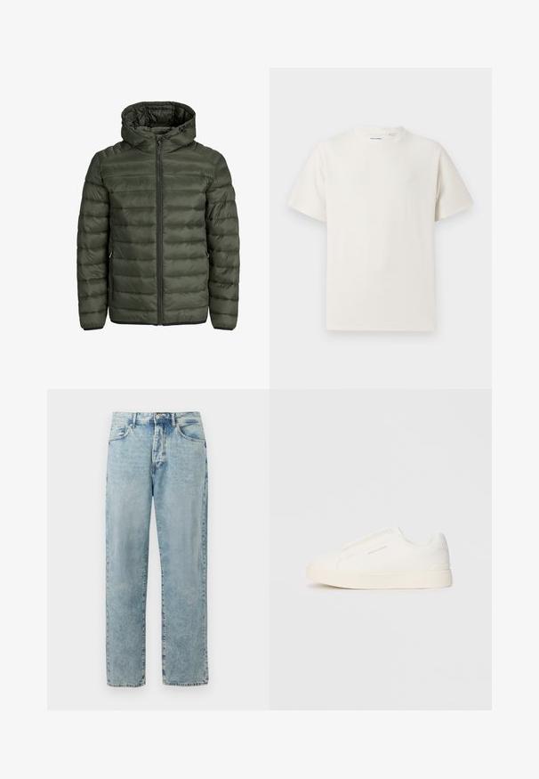 Zateplená bunda v olivovej zelenej farbe, s kapucňou, plným zipsom a horizontálnou prešívanou textúrou. Dve bočné vrecká. Čierny lem a manžety.; Biela krátka tričko s krátkym rukávom so žebrovanou textúrou. Okrúhly výstrih, uvoľnený strih, žiadne viditeľné vzory ani akcenty. Jednoduchý a všestranný dizajn.; Svetlo modré džínsy s rovnými nohavicami, s uzáverom na gombík a zips, predné vrecká a jemne vybledlé detaily.; Biele slip-on tenisky s textúrovaným povrchom, hrubou podrážkou a minimalistickým dizajnom. Obsahuje logo značky na boku.