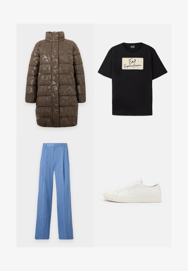 Brun polstret jakke med høy krage, med et glanset geometrisk mønster og en avslappet passform. Laget av glatt, lett materiale.; Svart bomull T-skjorte med et rektangulært merke logo i kremfarget med håndskrevet stil. Korte ermer og standard passform.; Lyseblå vide bukser med vertikale hvite striper. Laget av glatt materiale, med forkant-falte og et rent midjebånd-design.; Hvite lær sneakers med glatt tekstur, rund tå, minimale snøringer og flat gummisåle. Enkelt design uten ekstra aksenter.