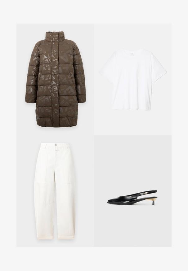 Smeđi kaput s podstavom i visokim ovratnikom, s sjajnim geometrijskim uzorkom i opuštenim krojem. Izrađen od glatkog, laganog materijala.; Bijela pamučna majica s kratkim rukavima, okruglim izrezom, opuštenim krojem i šivenim rubom. Etiketa je vidljiva na unutarnjoj strani vrata.; CLOSED RHANNON - Široke nogavice - ivory; Crna slingback štikla s oštrim vrhom, sjajnom kožnom završnom obradom i malom petom s zlatnim naglaskom. Elegantan dizajn s otvorenom stražnjom stranom.