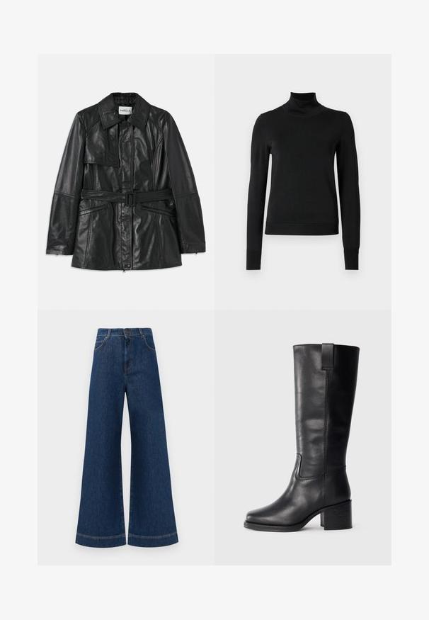 Črna usnjena jakna z pasom, velikim ovratnikom, sprednjim žepom s poklopcem in stranskimi žepi z zadrgo. Gladka tekstura, strukturirana zasnova.; Črni pulover s dolgimi rokavi in vratnikom, z rebrastimi манжетами in robom, prikazan na enobarvni beli podlagi.; Svetlo modri jeans širokih nogavic z visokim pasom, ki imajo zaponko, težke zanke za pas in subtilne šive ob žepih in robovih.; Črne usnjene škornje do kolen z gladko teksturo, kvadratnim nosom, blok peto in stranskimi zankami za obuvanje, ki vsebujejo minimalne šive.