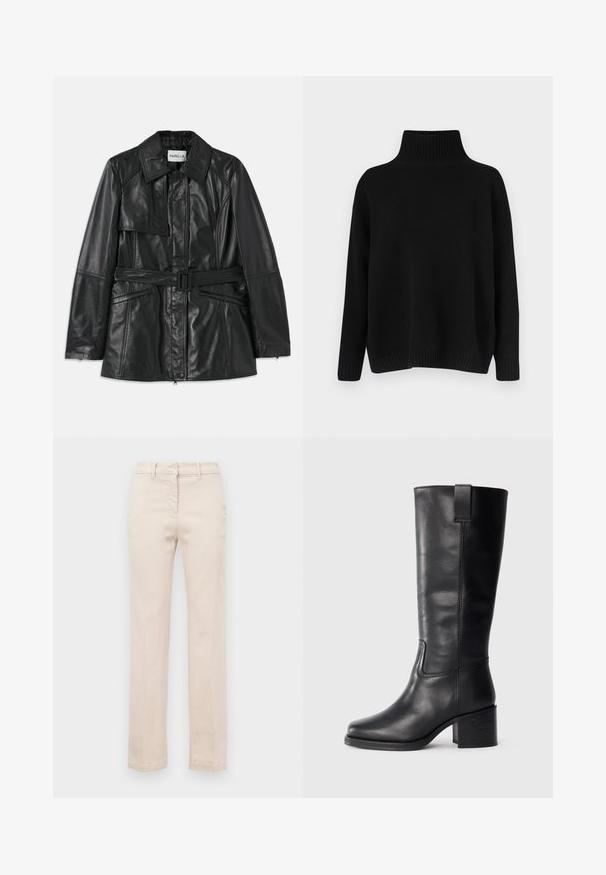 Black leather jacket with a belted waist, large collar, front flap pocket, and zippered side pockets. Smooth texture, structured design.; Black knitted sweater with a high ribbed collar, dropped shoulders, and a relaxed fit. Features ribbed cuffs and hem for texture.; Beige cotton trousers with a tailored fit, straight legs, a front zipper, and a smooth texture. Features traditional belt loops.; Black leather knee-high boots with a smooth texture, square toe, block heel, and side pull tab, featuring minimal stitching details.
