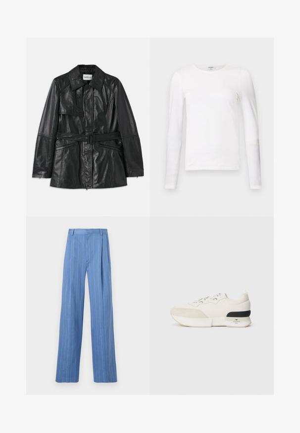 Must must nahk-jakk, millel on vöödega talje, suur krae, ees klapiga tasku ja tõmblukuga külgtaskud. Sile tekstuur, struktureeritud disain.; Valge pikkade varrukatega t-särk, mis on valmistatud pehmest puuvillast, ümarate kaelustega ja slim fit disainiga, millel on puhtad õmblused ja nähtamatud mustrid.; Heledad sinine laia jalgadega püksid, millel on vertikaalsed valged triibud. Valmistatud siledast materjalist, esiplekiga ja puhta vöökoht disainiga.; Valged tennisajad, millel on tekstureeritud sametist varbakatteosa, siledast võrgust pealmine osa, dekoratiivsed nöörid ja musta kummist kontsa aksent.