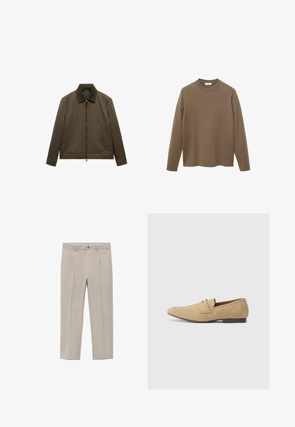 Olivno zelena jakna z gladko, mat teksturo. Ima zarezo za zapiranje, ovratnik in dva sprednja žepa. Preprost, ravno krojen dizajn.; Rjav dolg rokav pulover s krožnim izrezom, narejen iz gladkega, mehkega materiala; ima sproščen kroj in raven rob.; Svetlo bež hlače iz kombinacije bombaža, z naravnimi ravnimi hlačnicami, s sprednjimi gubami, z gumbom na zapiranju in stranskimi žepi.; Bež semišne mokasine z rahlim sijajem, zaokroženim nosom, enostavnim obuvanjem in nizkim smešnim petam. Nežna podrobnost šivanja.