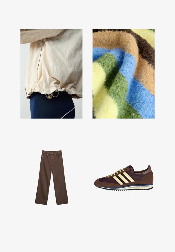 Giacca beige chiaro con una texture stropicciata, orlo regolabile con coulisse, abbinata a pantaloni aderenti blu scuro con un bordo bianco a contrasto.; Coperta multicolore con una texture spessa e morbida, caratterizzata da strisce verdi, blu, beige, marrone e giallo. Materiale accogliente e soffice.; Jeans a gamba larga marroni in denim, con vita alta, tasche anteriori e chiusura a bottone classica. Tessuto liscio con cuciture sottili.; Sneaker marrone e bordeaux realizzato in materiali scamosciati e in rete, caratterizzato da tre strisce color crema, tessuto testurizzato sulla linguetta e suola in gomma.