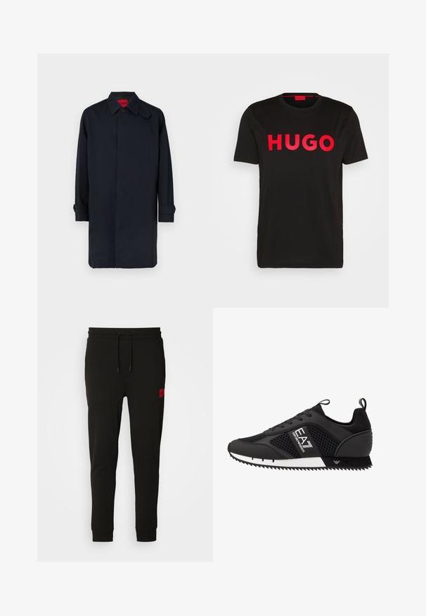 Tmavomodrý kabát so strihom na rovno, zapínaním na gombíky a prehrnutými rukávmi. Vyrobený z hladkej tkaniny s klasickým golierom.; Čierne bavlnené tričko s výrazným červeným nápisom "HUGO" na prednej strane, krátke rukávy, okrúhly výstrih a voľný strih.; Čierne tepláky vyrobené z mäkkého materiálu, s nastaviteľným pásom, slim fit strihom a červeným logom na ľavom stehne.; EA7 Emporio Armani Tenisky - black/white