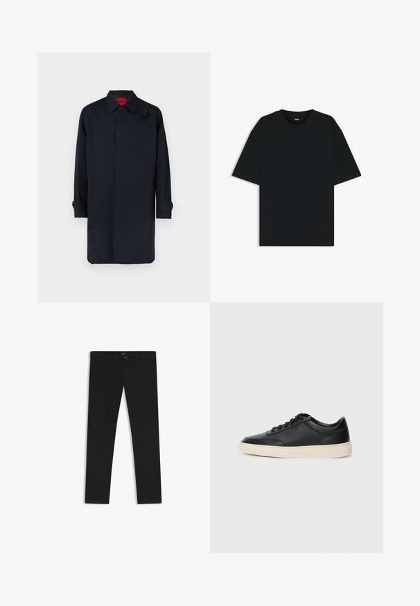 Navy blue coat with a straight cut, button closure, and rolled-up sleeves. Made from smooth fabric with a classic collar design.; Black cotton t-shirt with a round neckline and short sleeves. Features a loose fit and a simple design without patterns or accents.; Black trousers made of fabric with a smooth texture. Features a button closure, belt loops, and side pockets. Standard straight-leg design.; Black low-top leather sneaker with black laces and off-white sole shown in side profile on white background.