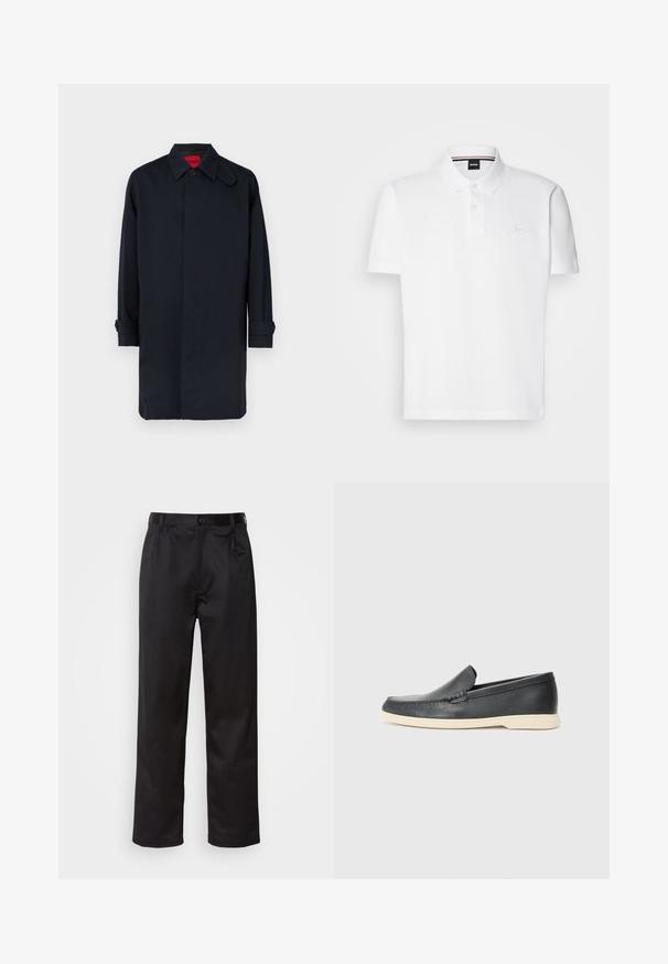 Tamsiai mėlynas paltas, tiesaus kirpimo, su sagų uždarymu ir susuktais rankogaliais. Pagamintas iš lygios medžiagos su klasikiniu apykaklės dizainu.; Balta polo marškinėliai pagaminti iš medvilnės ir poliesterio mišinio, su apykakle, dviejų mygtukų uždarymu ir subtiliu siuvinėtu logotipu ant krūtinės.; Juodi kelniukai, pagaminti iš lygaus audinio, su užsegimu priekyje, raukšlėmis ir tiesiomis kojomis. Nėra matomų raštų ar akcentų.; Juodi odiniai batus be raištelių, turintys tekstūruotą paviršių ir kontrastingą smėlio spalvos gumos padai. Yra subtilus akcentas priekyje.