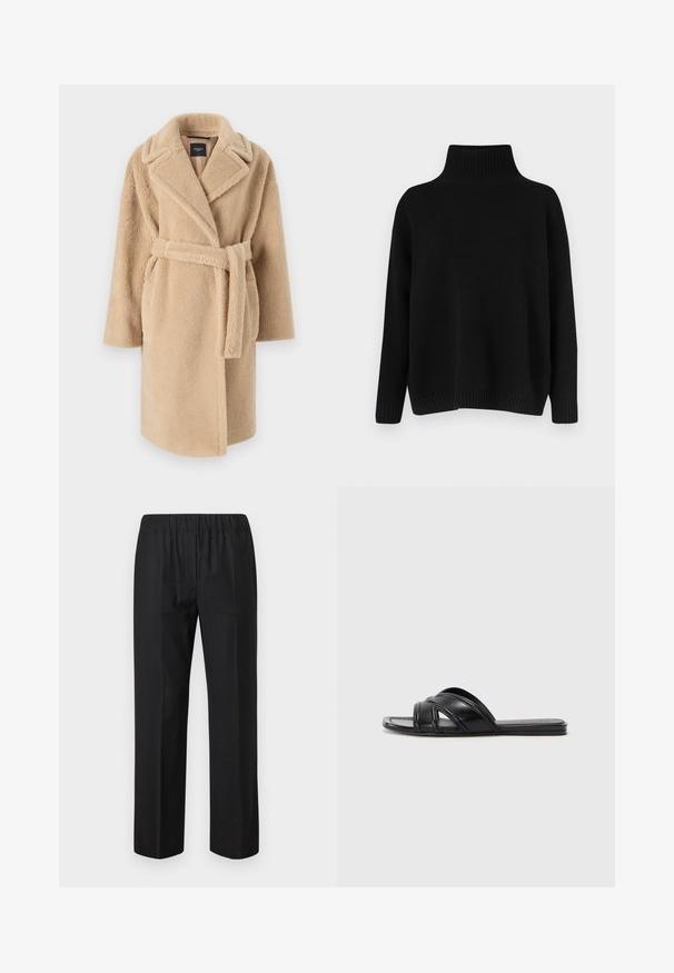 Beige, fuzzy coat with a shawl collar, long sleeves, and a tied belt. Features an open front and a soft, textured fabric.; Black knitted sweater with a high ribbed collar, dropped shoulders, and a relaxed fit. Features ribbed cuffs and hem for texture.; Black trousers with an elastic waistband, straight leg design, and no visible pockets. Smooth fabric with a matte finish.; Black slide sandals with a smooth leather finish, featuring crisscross straps and cut-out details, and a flat, flexible sole.