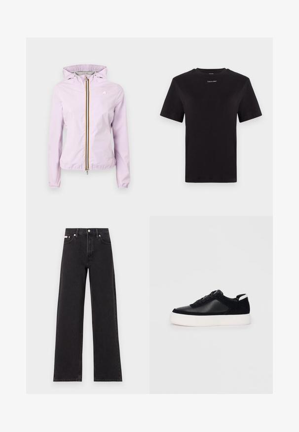 Casaco com capuz de cor púrpura claro, com fecho éclair na parte da frente, apresentando um fecho com riscas e punhos elásticos, feito de material liso e leve.; T-shirt preta de algodão com mangas curtas, decote redondo e pequeno logótipo branco "Calvin Klein" no peito. Textura suave, ajuste clássico.; Jeans de perna larga pretos feitos de denim, apresentando uma cintura alta, estilo de cinco bolsos e um fecho em botão de metal com costura contrastante.; Sapatilha preta com painéis de pele lisa e camurça, atacadores planos, bico arredondado e sola de borracha branca. Logótipo distinto no calcanhar.