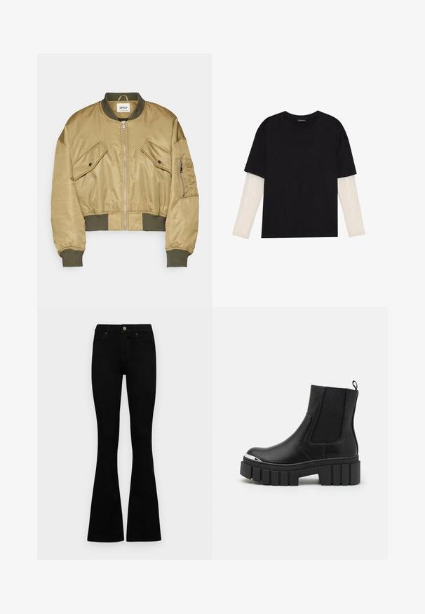 Lühem bomber-jakk, mis on valmistatud siledast khaki kangast. Omab kahte rindkere taskut, lukuga sulgemist, rohelisi soonikvarrukaid ja silditagi.; Mustmust särk, mis on valmistatud puuvillast, lühikeste varrukatega, valge pika varrukaga kihi peal, millel on peene tekstuuriga muster. Ümar kaelus.; Mustad kõrge vöökohtadega teksad, millel on nööp ja lukuga sulgemine, esikäe taskud ja laienevad sääred, asetatud tasasele valgele taustale.; Mustad mustad kingad sileda nahaga, elastsete paneelidega, paksu platvormi tallaga ja metallist varbaga.