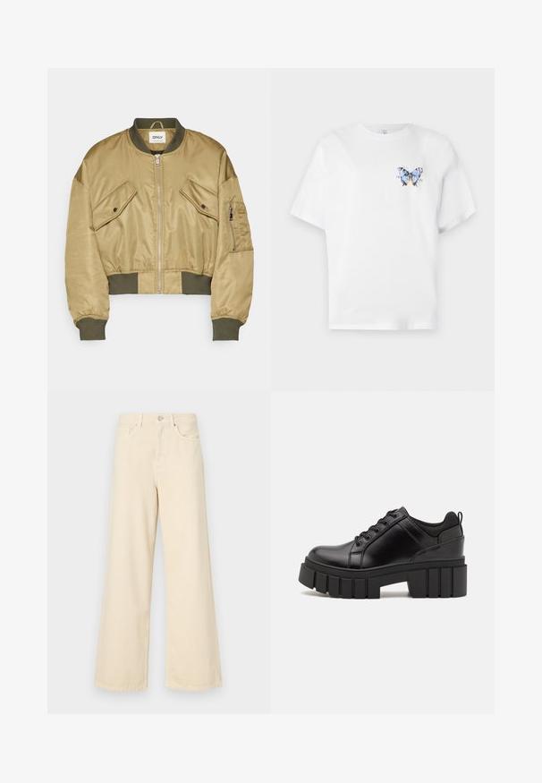 Lühem bomber-jakk, mis on valmistatud siledast khaki kangast. Omab kahte rindkere taskut, lukuga sulgemist, rohelisi soonikvarrukaid ja silditagi.; Valge puuvillane T-särk, millel on värviline liblikakujutis vasakul rinnal. Lühikesed varrukad ja mugav lõige.; Bežid laiad teksad, mis on valmistatud puuvillast. Omab nööbilukku, vöökohakujusid ja eesmine taskuid, millel on sile ja pehme tekstuur.; Must musta platvormsussid paksu plokkninal, ümmarguse varbaga ja traditsioonilise nööridega kinnitamisega. Sussid on sileda tekstuuriga ja minimaalsete detailidega.