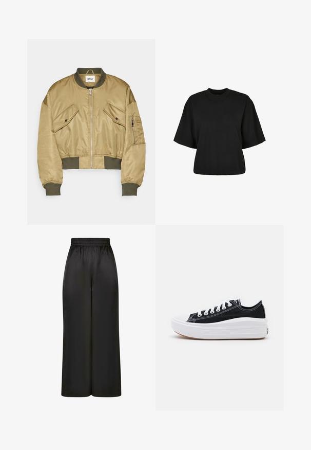 Kuttet bomberjakke laget av glatt, khaki stoff. Har to brystlommer, glidelås foran, grønne ribbede mansjetter og et merke.; Svart kort garden t-skjorte laget av bomull. Har korte ermer og rund halslinning. Jevn tekstur med et enkelt design, ingen ekstra mønstre.; Sorte bukser med vid benvidde laget av glatt, blankt stoff, med elastisk midje og uten synlige lommer eller detaljer i metall.; Svart canvas sneakers med hvite lisser, hvit gummitåhette og en tykk hvit mellomsåle. Har subtil hvit søm og en gummisåle.