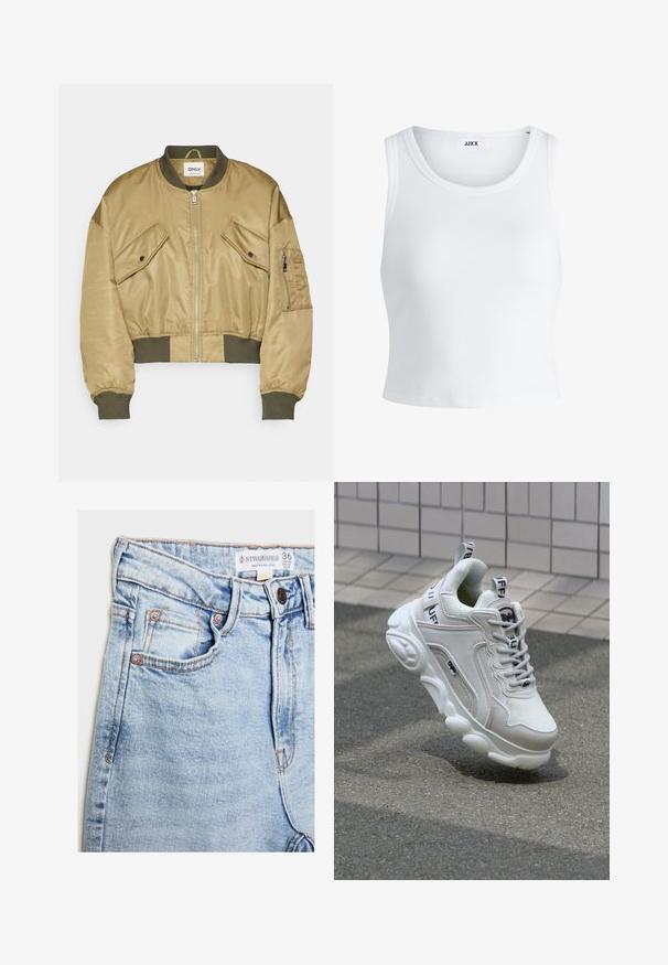 Skraťená bomber bunda z hladkej, khaki látky. Obsahuje dve náprsné vrecká, zips, zelené rebrované manžety a štítok.; Biely rebrovaný tielko s okrúhlym výstrihom, bez rukávov a krátkou dĺžkou. Štítok znie "JJXX." Hladká textúra látky.; Svetlomodré denimové nohavice s vysokým pásom, piatimi vreckami, hardware v medených odtieňoch a jemným vyblednutím, s etiketou na páske.; Biele tenisky s materiálmi z textilu a kože, okrúhla špička, hrubá podrážka, výrazné šnúrky a značka na päte a jazyku.