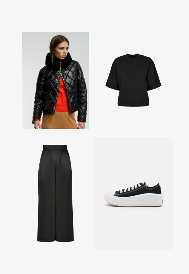 LOLA CASADEMUNT Vinterjacka - black; Svart cropped t-shirt i bomull. Har korta ärmar och rund halsringning. Slät yta med en enkel design, utan ytterligare mönster.; Svarta vida byxor i slät, glänsande tyg med resårmidja och utan synliga fickor eller hårdvarudetaljer.; Svarta kanvas sneakers med vita snören, vit gummitå och en kraftig vit mellansula. Har subtila vita sömmar och en gummisula.