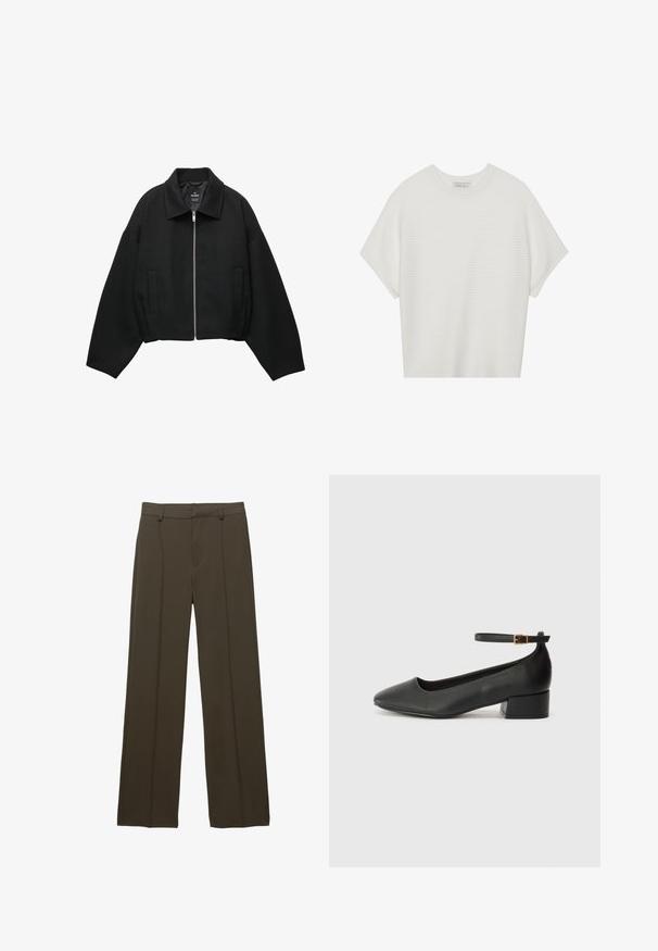 Črna krajša jakna iz teksturiranega materiala, s sprednjim zadrgo, širokimi rokavi in dvema stranskima žepoma.; Bela majica s kratkimi rokavi in širokim ovratnikom ter teksturiranim rebrastim vzorcem, izdelana iz mehke tkanine, z udobnim krojem in čistim dizajnom.; Rjave široke hlače z gladko teksturo, ki imajo sprednji pregib, zadrgo in zanke za pas. Narejene so iz lahkega, tkanega blaga.; Črne usnjene pumpice z nazobčanimi prsti in nizko blokasto peto. Imajo trak okoli gležnja z zaponko v zlatem tonu. Gladka tekstura.