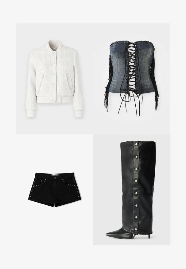 Fehér tweed bombázó dzseki bordázott mandzsettákkal, gallérral és alsó résszel. Öt snap gomb és két oldalsó zseb jellemzi. Strukturált anyag, amely kockás mintával rendelkezik.; Denim, pánt nélküli korzet, fekete fűzős elejével, ezüst szemekkel és fekete bojtokkal az oldalán. Strukturált illeszkedéssel és kopottas textúrával rendelkezik.; Fekete farmer rövidnadrág gombos záródással, fém szegecsekkel az elülső zsebeknél és az oldalsó varrásoknál. Rövid szabás és klasszikus fazon.; Fekete bőr, magas sarkú csizmák, amelyek illeszkedő kialakítással, hegyes orral és ezüst színű patentgombokkal rendelkeznek az oldalukon.