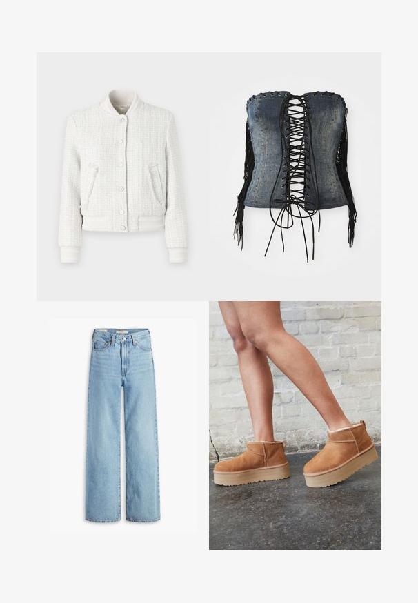 Jachetă bomber albă din țesătură tweed, cu manșete, guler și tiv ribbed. Prezintă cinci nasturi tip snap și două buzunare laterale. Țesătură texturată cu un model în carouri.; Corset fără bretele din denim, cu un sistem de închidere tip dantelă neagră, ochiuri argintii și accente de franjuri negri pe părțile laterale. Dispunând de un design structurat și o textură uzată.; Blugi cu talie înaltă, de culoare albastru deschis, cu croi larg, prevăzuți cu nasture și fermoar la față, bucle pentru curea și un stil cu cinci buzunare.; Botine din suede maro, cu căptușeală moale, talpă platformă groasă de culoare bej și sistem de prindere în partea din spate. Suprafață texturată cu detalii de cusătură vizibile.