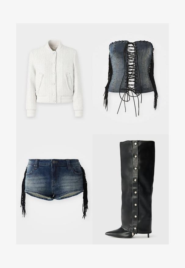 Biały bomber w tweedowym stylu z ribbami przy mankietach, kołnierzu i dolnej krawędzi. Posiada pięć zatrzasków i dwie boczne kieszenie. Teksturowana tkanina w kratę.; Denimowy gorset bez ramiączek z czarnym sznurowaniem z przodu, srebrnymi oczkami i czarnymi frędzlami po bokach. Posiada dopasowany krój i postarzany wygląd.; Szorty dżinsowe w gradientowym odcieniu niebieskiego z postrzępionym dołem i czarnymi dekoracjami frędzlami po bokach, z przednimi kieszeniami i paskiem w talii.; Czarne skórzane kozaki na wysokim obcasie z dopasowanym krojem, spiczastym noskiem i srebrnymi zatrzaskami wzdłuż boku.