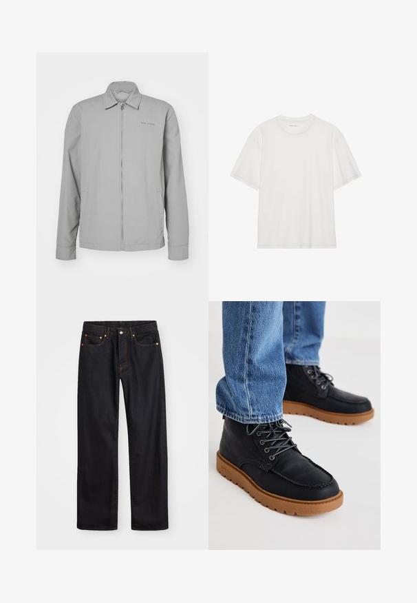 Jachetă ușoară gri, cu guler, fermoar frontal, buzunare laterale și branding subtil pe pieptul stâng. Textură netedă.; Tricou alb din bumbac, cu mâneci scurte, gât rotund și detalii de cusătură contrastantă în jurul decolteului și mânecilor.; Jeans negri din denim pentru bărbați, cu croială dreaptă, cinci buzunare și cusături portocalii, închidere cu nasture și fermoar pe talie.; Bocanci negri din piele cu o suprafață texturată, talpă din cauciuc maro în contrast și șireturi gri; asortați cu blugi din denim albastru.