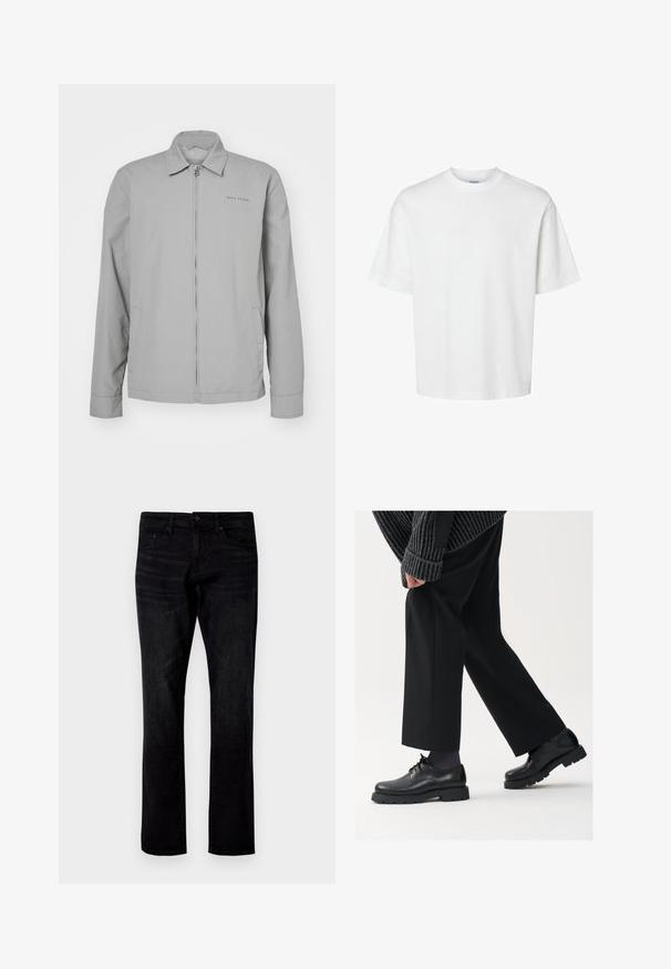 Gray lightweight jacket with a collared neckline, front zipper, side pockets, and subtle branding on the left chest. Smooth texture.; White cotton t-shirt with short sleeves, crew neckline, and a relaxed fit. Smooth texture with no visible patterns or accents.; Black denim jeans with a straight leg cut, featuring a standard five-pocket design and subtle washed texture.; Black leather shoes with a rounded toe, lace-up design, and thick, textured sole. Worn with tailored black trousers and a ribbed sweater.