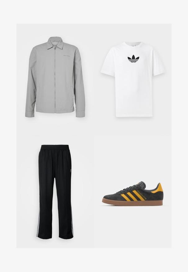 Szara, lekka kurtka z kołnierzykiem, z zamkiem błyskawicznym z przodu, bocznymi kieszeniami i subtelnym logo na lewej piersi. Gładka faktura.; Biała bawełniana koszulka z krótkim rękawem, z czarnym logo Adidas na środku. Klasyczny fason z okrągłym dekoltem. Gładka tekstura.; Czarne sportowe spodnie z elastycznym paskiem w talii, z białymi paskami po bokach i małym logo. Materiał wydaje się miękki i lekki.; Czarne zamszowe sneakersy z żółtymi akcentami, z trzema paskami i brązową gumową podeszwą. Posiadają wyściełany język dla większego komfortu.