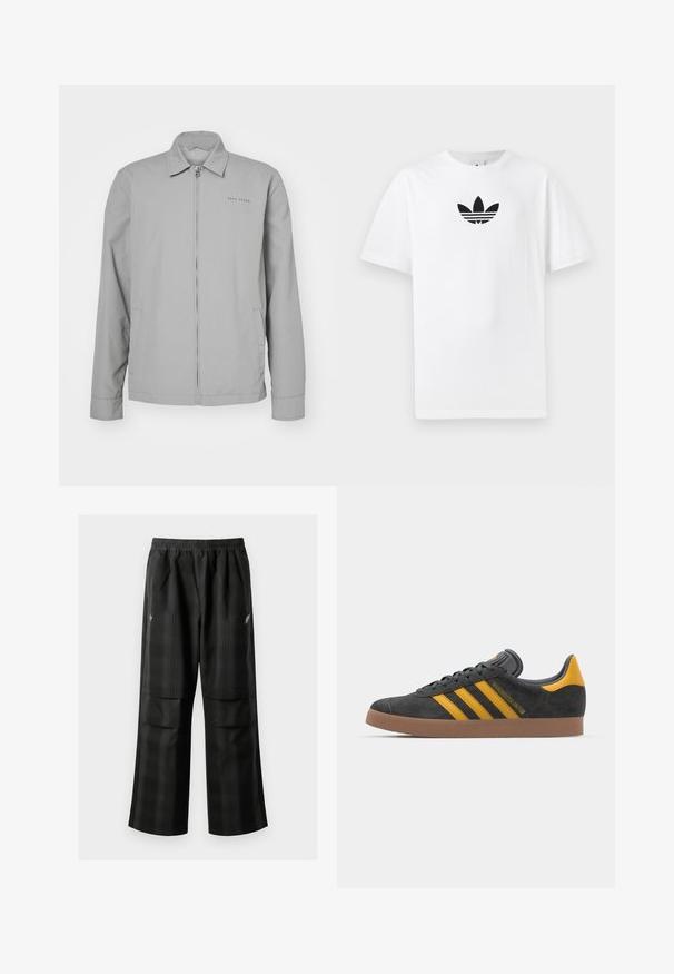 Siva lagana jakna s ovratnikom, prednjim patentnim zatvaračem, bočnim džepovima i suptilnim brendingom na lijevoj strani prsnog koša. Glatka tekstura.; Bijela pamučna majica s crnim Adidas logom u centru. Kratki rukavi i dizajn s okruglim izrezom. Glatka tekstura.; Crne karirane hlače s elastičnom urezom, dva prednja džepa i ležernim krojem s ravnim nogavicama. Izrađene su od laganog materijala.; Crne nubuk tenisice s žutim detaljima, sa tri pruge i smešnim gumenim potplatom. Imaju jastučić na jeziku za udobnost.