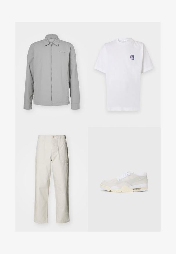 Gray lightweight jacket with a collared neckline, front zipper, side pockets, and subtle branding on the left chest. Smooth texture.; White cotton t-shirt with short sleeves, round neckline, and a small, embroidered blue "C" logo on the left chest area.; Light beige wide-leg pants made of cotton. Features front pockets and a button closure. Smooth texture with subtle vertical lines.; Sneakers with a light beige synthetic upper, white laces, and visible cushioning. Features a smooth sole and subtle side accents.