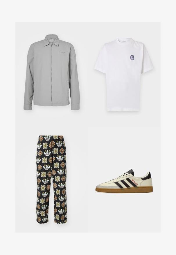 Casaco leve cinza com gola, fecho frontal em zíper, bolsos laterais e uma marca discreta no lado esquerdo do peito. Textura suave.; T-shirt branca de algodão com mangas curtas, decote redondo e um pequeno logotipo azul "C" bordado no lado esquerdo do peito.; Calças pretas com um padrão intricado de várias formas, incluindo desenhos florais e riscas em laranja, verde e branco.; Sapatilhas Adidas Spezial em creme e preto com sola de borracha, riscas pretas, costura vermelha e a marcação "Spezial" na lateral.