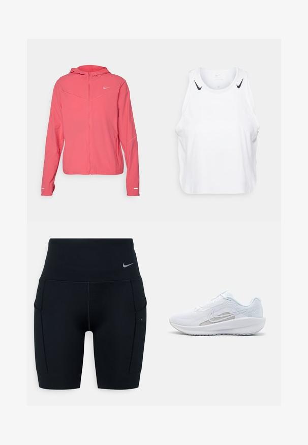 Nike Performance SWIFT - Striukė bėgimui - aster pink/reflective silver; Baltas be rankovių marškinėliai, pagaminti iš lengvos medžiagos, su juodais Nike logotipo akcentais ant pečių, apvaliu iškirpimu ir laisvu siluetu.; Juodos aukšto liemens sportinės šortai, pagaminti iš elastingos medžiagos; turi šonines kišenes ir mažą Nike logotipą ant juosmens.; Baldas sportinis batelis su tinkleliu viršuje, apvaliu toe ir tekstūruota padais. Pabrėžia sidabrinį Nike swoosh ir minimalistinį dizainą.