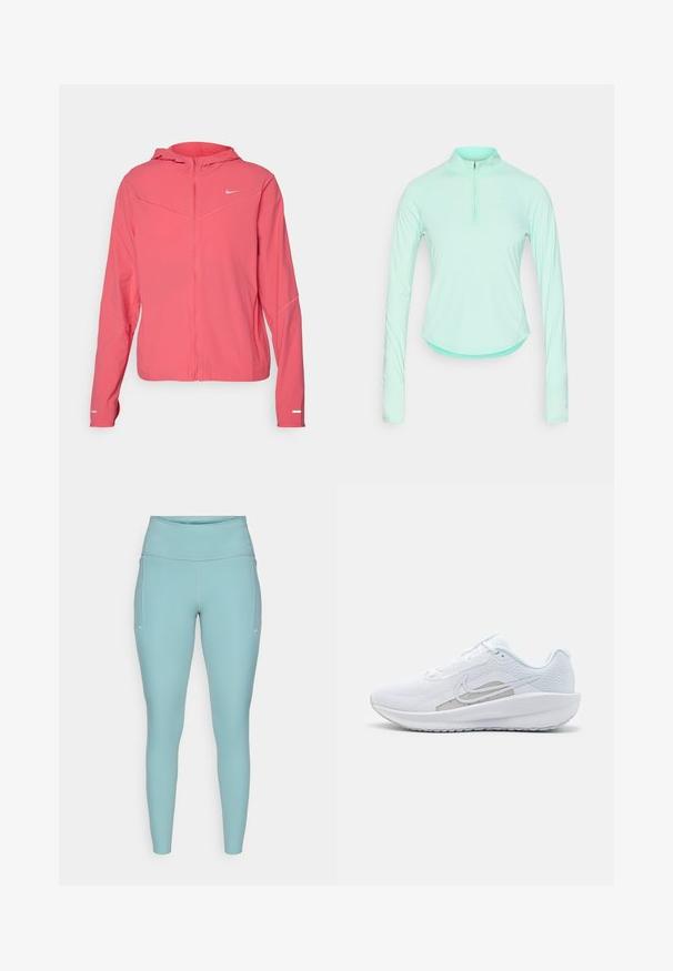 Nike Performance SWIFT - Laufjacke - aster pink/reflective silver; Minzgrünes, langärmliges Sporthemd mit Reißverschlusskragen, das über ein tailliertes Design und einen glatten, leichten Stoff verfügt.; Helle blaue Leggings aus dehnbarem Material, mit hohem Bund, nahtlosem Design und minimalen weißen Akzenten an den Seiten.; Weißer Sport Schuh mit Mesh-Obermaterial, abgerundeter Zehenpartie und strukturiertem Sohlenprofil. Mit einem silbernen Nike Swoosh und minimalistischem Design.