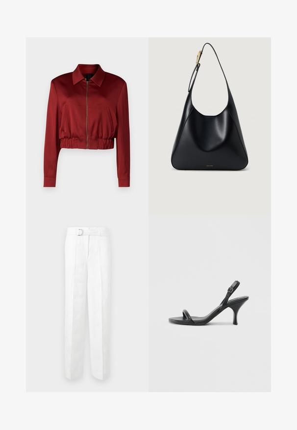 DRYKORN RADWAY - Blouson Bomber - red; T-shirt noir en coton à manches courtes, col rond, avec un petit logo blanc "Calvin Klein" sur la poitrine. Texture lisse, coupe classique.; Pantalons blancs ajustés avec une jambe large, passants de ceinture et une ceinture avec une boucle en argent. Fabriqués en tissu léger avec une texture lisse.; Sandales à talons hauts en cuir noir avec un talon fin et courbé et un design de brides croisées. Bride de cheville réglable. Texture lisse.; Sac à épaule en cuir noir avec une texture lisse, une silhouette incurvée et un accent en métal doré. Présente un logo de marque en relief à la base.