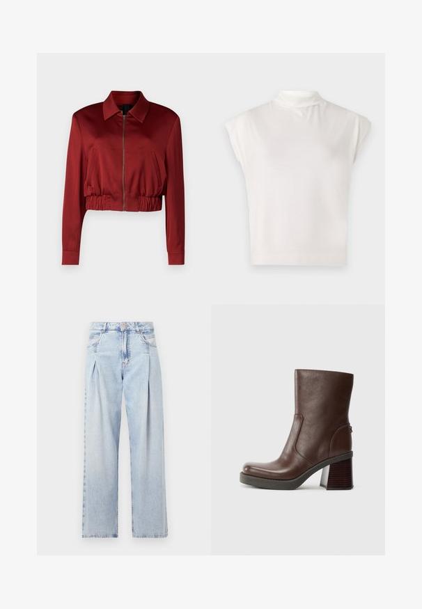 DRYKORN RADWAY - Bombertakki - red; Valkoinen hihaton poolopaita, joka on valmistettu pehmeästä kankaasta. Paitaa koristaa rakenteellinen muotoilu, jossa on sileä pinta ja hillitty ribbaushelma.; Vaaleansiniset farkut, joissa on korkea vyötärö, leveälahkeinen leikkaus, kaksi sivutaskua ja pleatattu muotoilu. Pehmeä rakenne, jossa on haalistunut viimeistely.; Ruskea nahkainen nilkkabootsi, jossa on pyöreä varvas, sileä pinta ja jykevä puinen korko. Sivusaumadetaili ja hienovarainen kiilto.