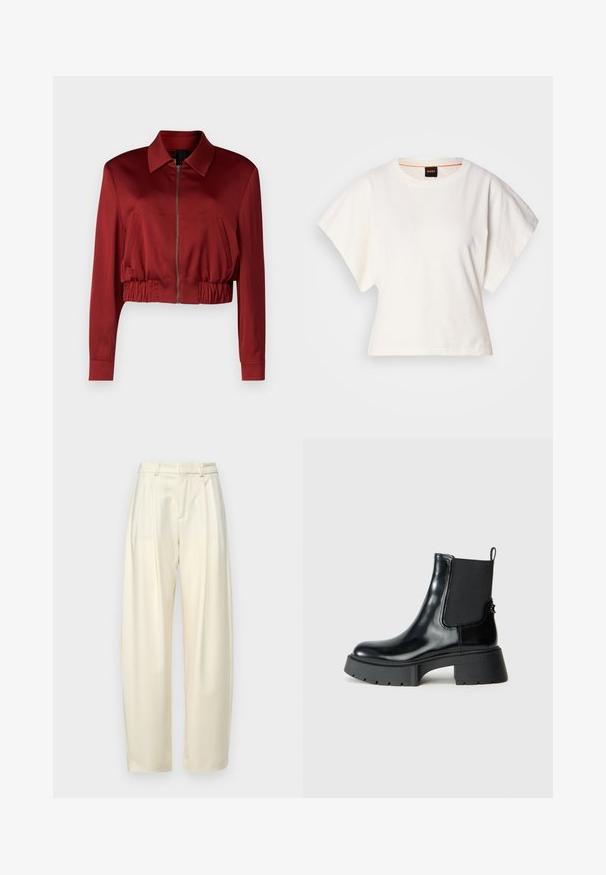 DRYKORN RADWAY - Bomberjacke - red; Weißes, kurzes T-Shirt, kurze weite Ärmel, weicher Baumwollstoff, runder Ausschnitt mit subtilen orangefarbenen Akzenten, minimales Design, keine Muster oder Grafiken.; Plissierte, hoch taillierte Hose aus leichtem Creme-Stoff. Verfügt über einen geraden Schnitt und eine glatte Textur. Keine Taschen oder sichtbare Beschläge.; Schwarze Knöchelstiefel aus glänzendem Leder mit elastischen Seiteneinsätzen, einem Zugtab und einer robusten Gummisohle mit strukturiertem Profil.