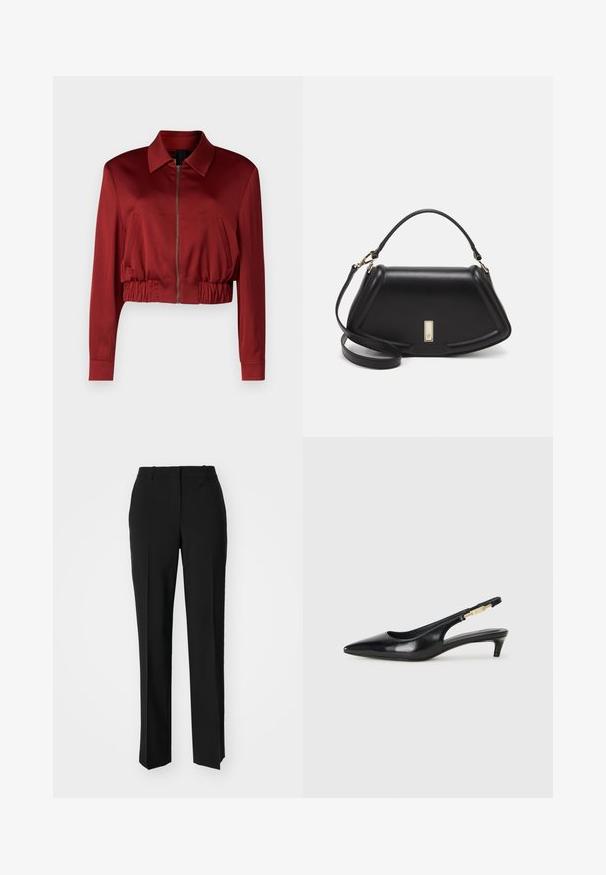 DRYKORN RADWAY - Bomber tipa jaka - red; Melna kokvilnas T-krekls ar apaļu izgriezumu, īsām piedurknēm un izšūtu logotipu uz krūtīm. Vienkāršs, brīvs piegriezums bez rakstiem.; Melnas pielāgotas bikses ar taisnu kāju dizainu, kas raksturojas ar gludu faktūru un asiem krokām pa priekšu. Nav redzamu metāla detaļu.; Melnas ādas slingback zābaki ar smailu purngalu, ar šauru papēdi un zelta krāsas akcentu uz regulējama siksniņas. Gluda tekstūra.; Melnas ādas roku soma ar struktūru, ar īsu formu, augšējo rokturi un zelta aksesuāriem. Iekļauta regulējama plecu siksna.