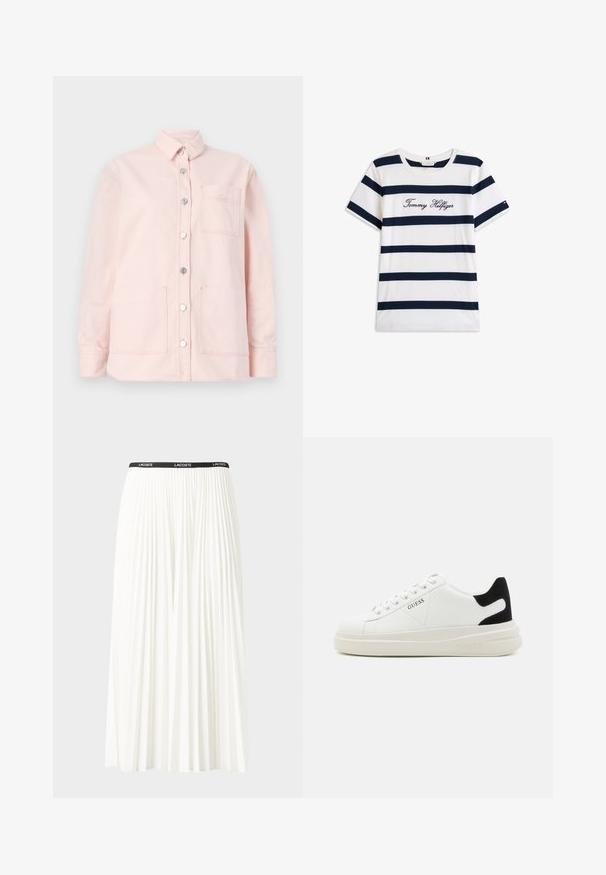 Różowa koszula zapinana na guziki z kołnierzykiem, dwoma przednimi kieszeniami i srebrnymi guzikami. Wykonana z miękkiego materiału o gładkiej fakturze.; Bawełniana koszulka z poziomymi granatowymi paskami na białym tle. "Tommy Hilfiger" wyszyte kursywą na klatce piersiowej. Okrągły dekolt.; Plisowana biała spódnica z czarnym elastycznym pasem z logo "LACOSTE". Średniej długości, o miękkiej teksturze.; Białe skórzane sneakersy z grubą białą podeszwą, czarnym zamszowym akcentem na pięcie oraz wytłoczonym logotypem z boku. Projekt z sznurówkami i sześcioma dziurkami.