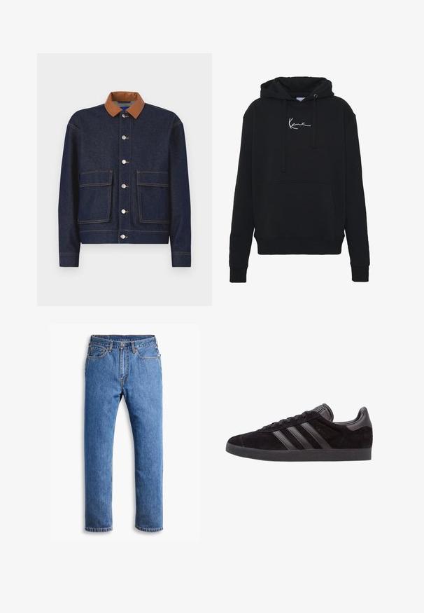 Traper jakna s oker umjetnom kožnom ovratnikom, srebrnim kopčama na dugmad i dva prednja džepa. Tamnoplava tkanina s kontrastnim šavovima.; Crna dukserica od mekog materijala, s prednjim džepom, vezicama i bijelim izvezenim logom na prsima. Klasičan kroj i rebrasti rubovi.; Plave traperice ravnog kroja s pet džepova, kopčanjem na gumb i narančastim šavovima na čisto bijeloj pozadini.; Crne suede tenisice s teksturiranim gumenim đonom, sa tri crne kožne pruge, zaobljenim vrhom i podstavljenim ovratnikom za gležanj.
