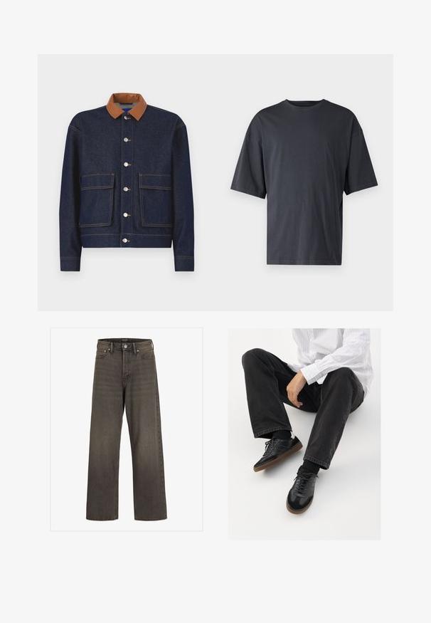 Jeansjakke med brun imitation skinnkrage, sølvfargede trykknapper og to framlommer. Mørkeblått stoff med kontrastsøm.; Mørk grå kortermet t-skjorte laget av lett bomull, med løs passform og klassisk rund hals, med ensartet tekstur og uten mønstre.; Videbukser i mørkegrå denim, med høj talje, klassisk fem-lomme design og kontrasterende syninger langs sømmene.; Svarte joggesko med en glatt og teksturert overflate, med gummisåle og mørke snører. Kombinert med svarte jeans og en hvit stripet skjorte.