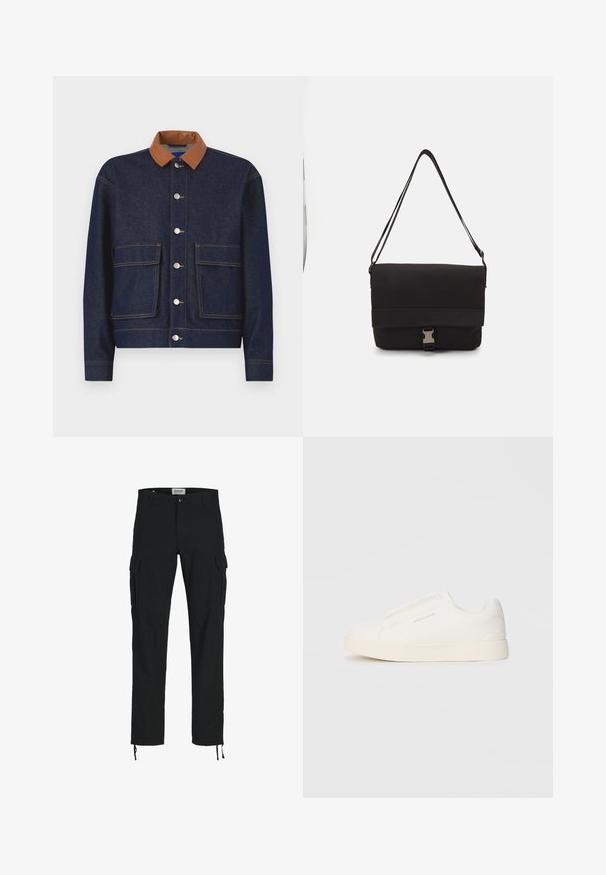 Chaqueta de mezclilla con un collar de cuero sintético marrón, botones a presión plateados y dos bolsillos frontales. Tejido azul oscuro con costuras de contraste.; Camiseta blanca de manga corta en textura acanalada. Cuello redondo, corte relajado, sin patrones ni acentos visibles. Diseño simple y versátil.; Pantalones cargo negros con corte recto, que cuentan con bolsillos laterales, cierre de botón y cordones elásticos en los tobillos. Fabricados en tejido resistente.; Zapatillas blancas tipo slip-on con una superficie texturizada, suela gruesa y diseño minimalista. Presenta el logo de la marca en un lado.; Bolso mensajero negro hecho de material suave, con solapa plegable, herraje de cierre plateado y correa de hombro ajustable.
