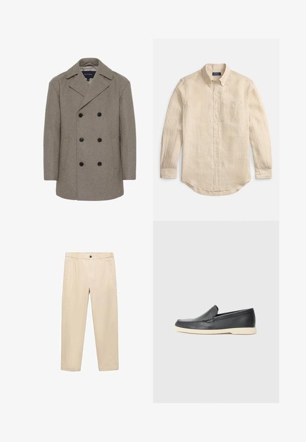 Matinique BURNLEY - Klasičan kaput - winter twig; Bež košulja dugih rukava s bijelim vertikalnim prugama, ovratnik na kopčanje, prednji džep i etiketa "Polo Ralph Lauren" unutar ovratnika.; Bež hlače od mekane tkanine; imaju elastičnu sredinu, prednje džepove i ravne nogavice.; Crne kožne cipele na slip-on s teksturiranim završetkom i kontrastnom bež gumom. Imaju suptilan naglasak duž prednje strane.