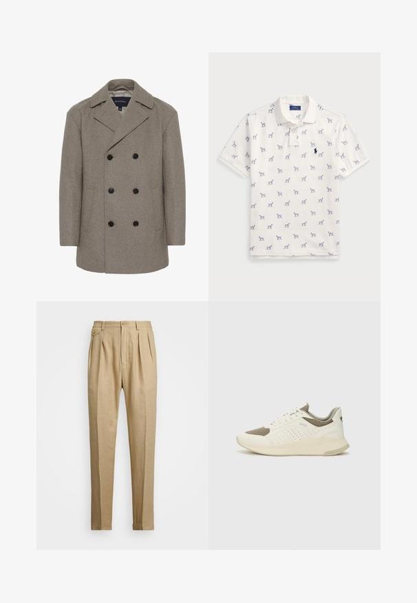 Matinique BURNLEY - Klasikinis paltas - winter twig; Balta polo marškiniai, pagaminti iš medvilnės, su pasikartojančiu mėlynu šunų raštu ir mažuoju mėlynu logotipu ant krūtinės. Trumpomis rankovėmis ir apykakle.; Bežinės lininės kelnės tiesaus kirpimo, turinčios dvi priekinės klostes, sagų užsegimą ir šonines kišenes. Tekstūruotas audinys su lygiu paviršiumi.; Baltas ir šviesiai bežinis sportinis kedas, su tinklo viršumi, perforuotais detalėmis ir tekstūruotu tarpine su logotipu ant kulno.