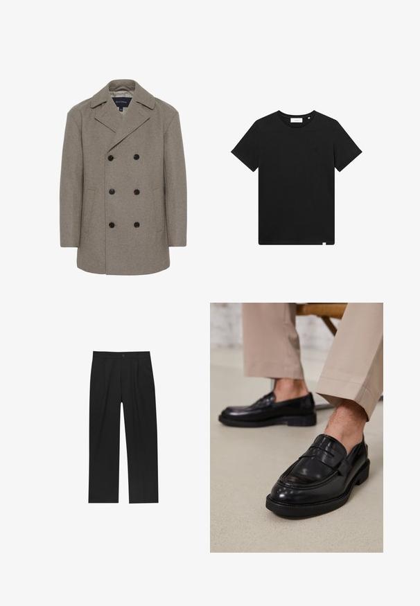 Matinique BURNLEY - Palton clasic - winter twig; Tricou scurt cu mânecă, de culoare neagră, realizat din bumbac, cu guler tip crew și un mic logo brodat pe piept. Textură netedă, croială standard.; Pantaloni negri cu un design drept, fabricați dintr-un material neted. Au plisse în față și un sistem de închidere cu un singur buton la talie.; Loafers negre din piele cu o finisare netedă, având o curea decorativă și cusături contrastante, asortați cu pantaloni bej.