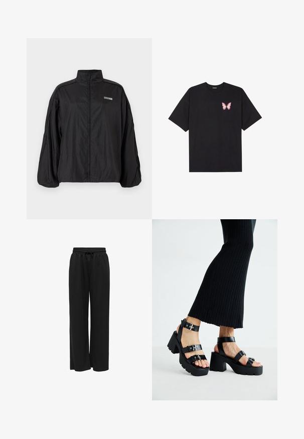 Zwarte lichte gewatteerde jack met hoge kraag en klein "ROSIE"- en Puma-logo op de borst, met lange mouwen en een losse pasvorm.; Zwarte katoenen t-shirt met korte mouwen, voorzien van een kleine roze vlinder graphic op de linkerkant van de borst. Crew neck ontwerp met een relaxte fit.; Zwarte wijde broek gemaakt van zachte stof, met een rekbare tailleband en een trekkoord voor een verstelbare pasvorm. Geen patronen of accenten.; Zwarte platform sandalen met dikke, grofgevormde zolen en meerdere bandjes, voorzien van metalen gespen en een gladde leerachtige textuur.
