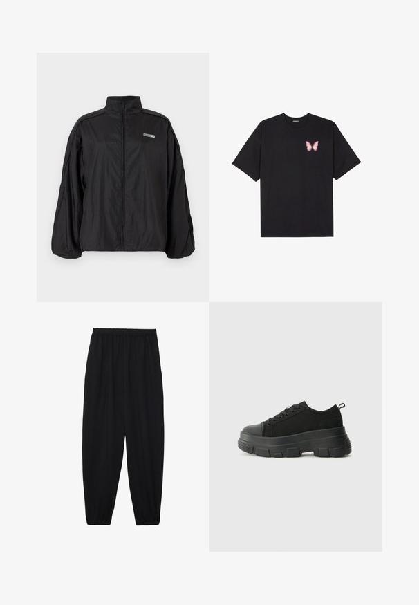 Schwarze leichte Zip-Jacke mit hohem Kragen und kleinem "ROSIE"- sowie Puma-Logo auf der Brust, mit langen Ärmeln und lockerer Passform.; Schwarzes Baumwoll-T-Shirt mit kurzen Ärmeln, das ein kleines pinkes Schmetterlingsmotiv auf der linken Brust zeigt. Crewneck-Design mit einem entspannten Schnitt.; Schwarze, leichte Hosen mit einem elastischen Bund und gerafften Knöcheln. Der Stoff ist glatt und hat ein entspanntes, schmal zulaufendes Design.; Schwarze Sneakers mit einer dicken Gummisohle, strukturiertem Obermaterial, runder Zehenpartie und Schnürdesign. Verfügt über verstärkte Ösen und eine Schlaufe an der Rückseite.