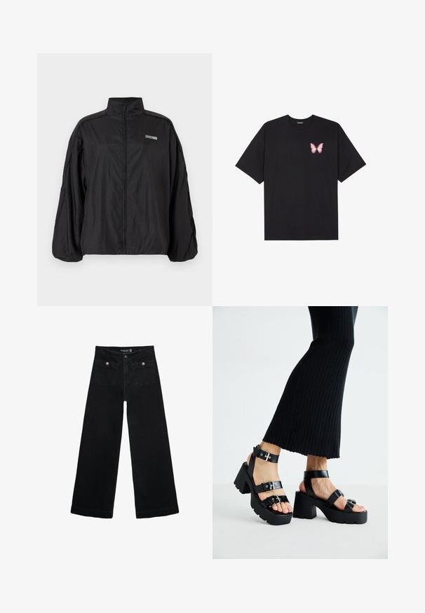 Schwarze leichte Zip-Jacke mit hohem Kragen und kleinem "ROSIE"- sowie Puma-Logo auf der Brust, mit langen Ärmeln und lockerer Passform.; Schwarzes Baumwoll-T-Shirt mit kurzen Ärmeln, das ein kleines pinkes Schmetterlingsmotiv auf der linken Brust zeigt. Crewneck-Design mit einem entspannten Schnitt.; Schwarze, weit geschnittene Jeans mit hoher Taille, die zwei Fronttaschen und metallene Knopfakzente aufweist. Der Stoff hat eine glatte Textur.; Schwarze Plattform-Sandalen mit robusten, profilierten Sohlen und mehreren Riemen, ausgestattet mit metallischen Schnallen und einer glatten, lederähnlichen Textur.