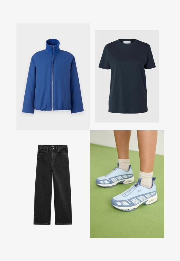 Blå zip-up jacka med hög krage, elastisk nederkant och slät tyg. Har rak passform och minimalistisk design.; Marinfärgad t-shirt med kort ärm tillverkad av mjuk bomull. Har en ribbad halsringning och en avslappnad passform, med rak fåll och sidofickor.; Bredbenta svarta denimjeans med ett subtilt vertikalt randmönster, med femfickorsdesign och en klassisk knäppning i midjan.; Ljusblå sportskor med vita detaljer, texturerade paneler och dragkedjestängning. Har en synlig luftdämpande sula och gummiyttersula.
