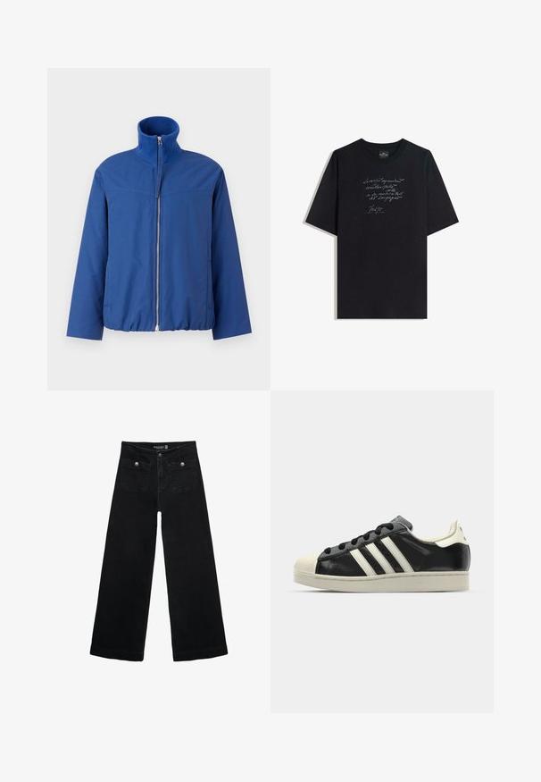 Modrá zipová bunda s vysokým golierom, elastickým spodným okrajom a hladkým materiálom. Má rovný strih a minimalistický dizajn.; Čierne bavlnené tričko s krátkymi rukávmi, na prednej strane s bielym rukopisným textovým dizajnom. Klasický výstrih, uvoľnený strih, hladká textúra.; Čierne široké nohavice s vysokým pásom, s dvoma prednými vreckami a kovovými detailmi na gombíku. Tkanina má hladkú textúru.; Čierne kožené tenisky s bielymi pruhmi, gumenou špičkou, čiernymi šnúrkami a krémovobielou podrážkou. Hladký povrch s lesklým finišom.